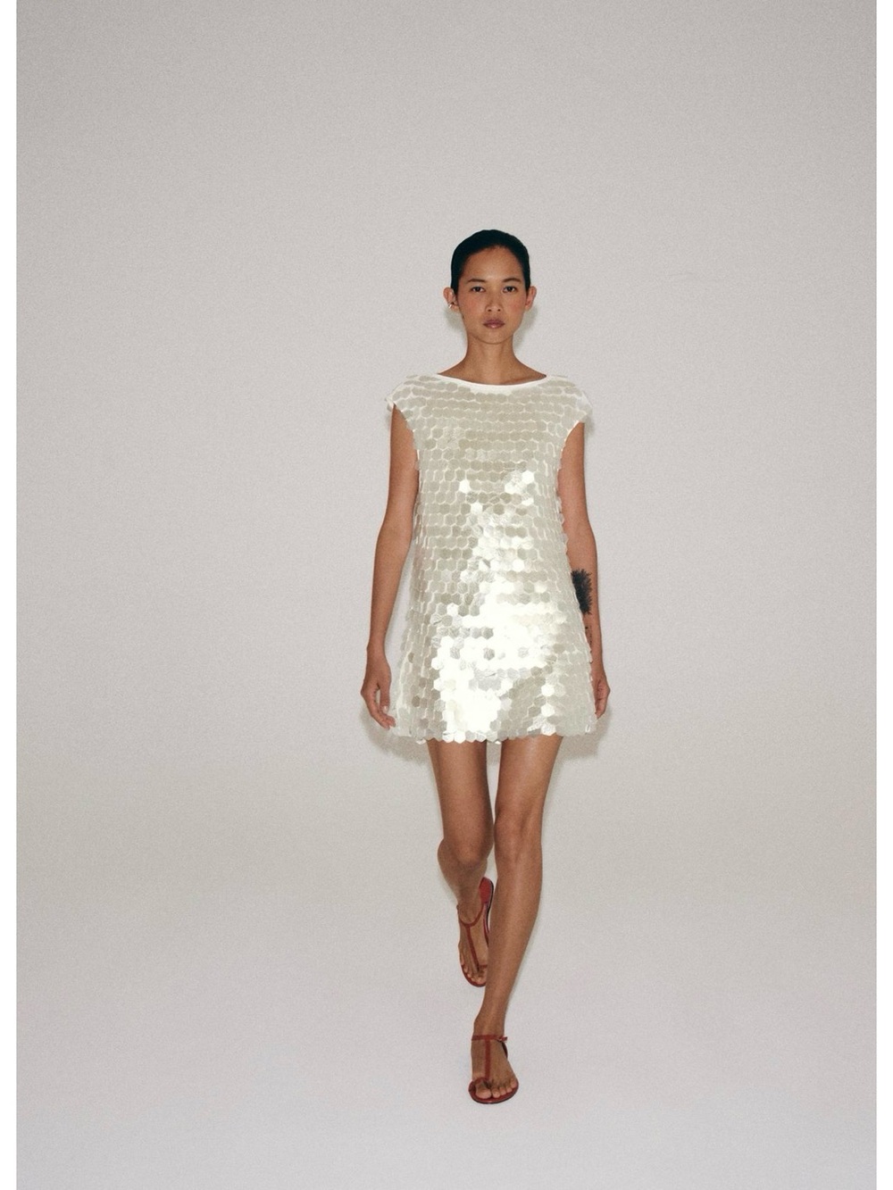 Zara Ivory Sequin Cap-Sleeve Mini Dress